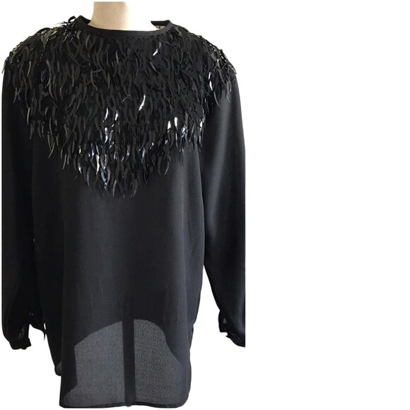 Black Long-Sleeve Fringe Top Medium With Sequin Detailing & Sheer Hem - Picture 2 of 5